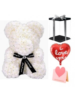 Diamant Weiß Rose Teddybär Blumenbär Bestes Geschenk für Muttertag, Valentinstag, Jubiläum, Hochzeit und Geburtstag